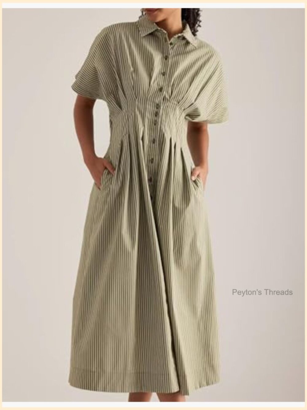 Striped Button Front Pleated Maxi Dress Short Sleeve V Neck Corset - Picture 4 of 6